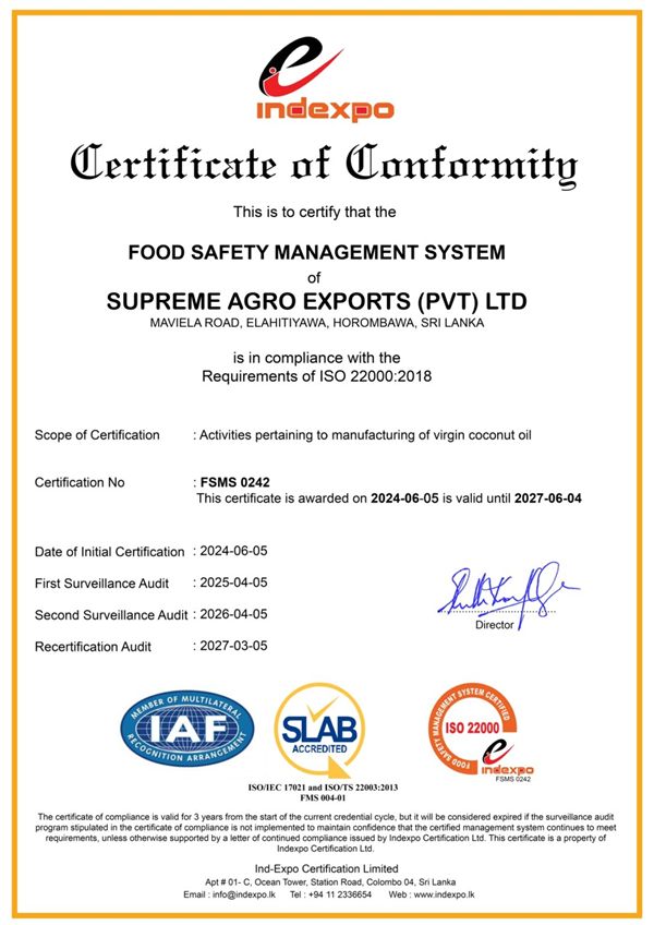 ISO 22000:2018 certificate of conformity, Supreme Agro Exports (Pvt) Ltd