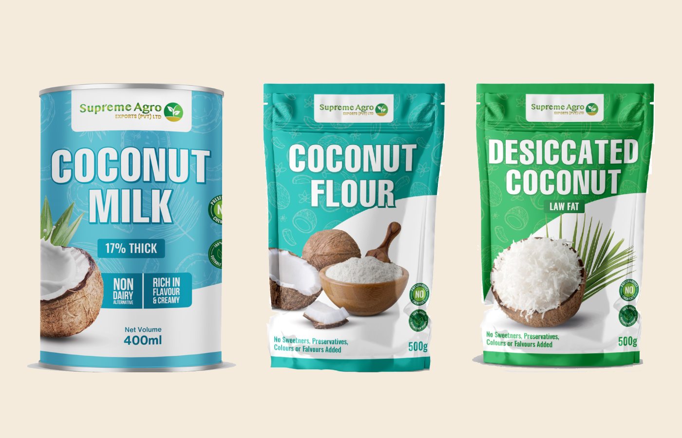 Supreme Agro coconut milk, coconut flour and desiccated coconut packs